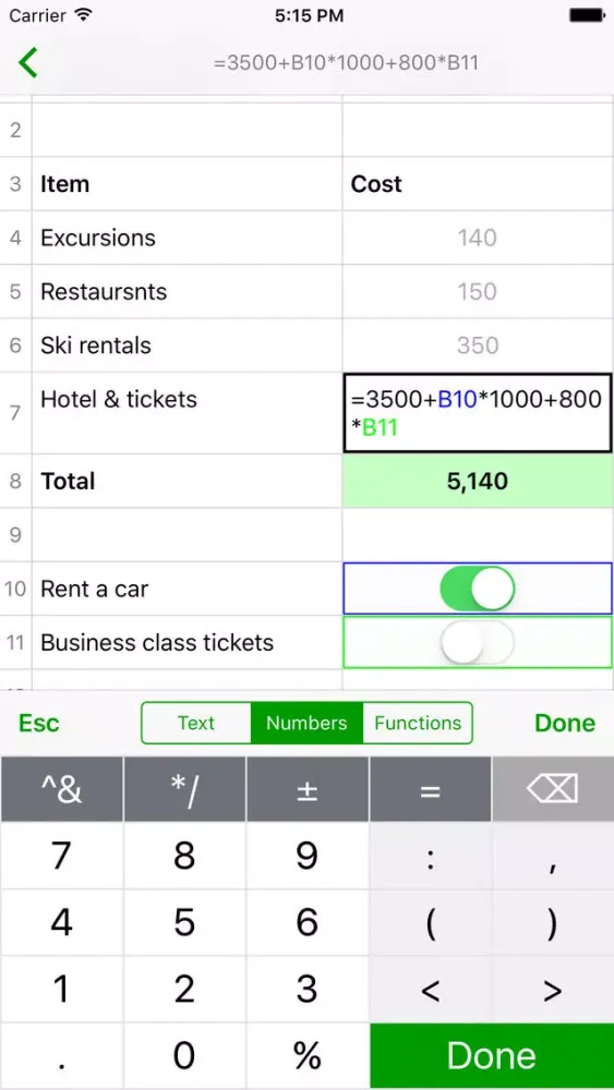 Capturas de pantalla de Notes.xls expences spreadsheet