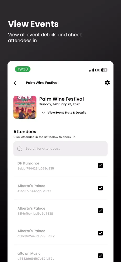 Zrzuty ekranu Ayatickets Check-Ins