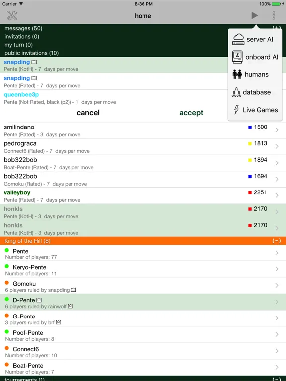 Tangkapan layar Pente Live iPad 