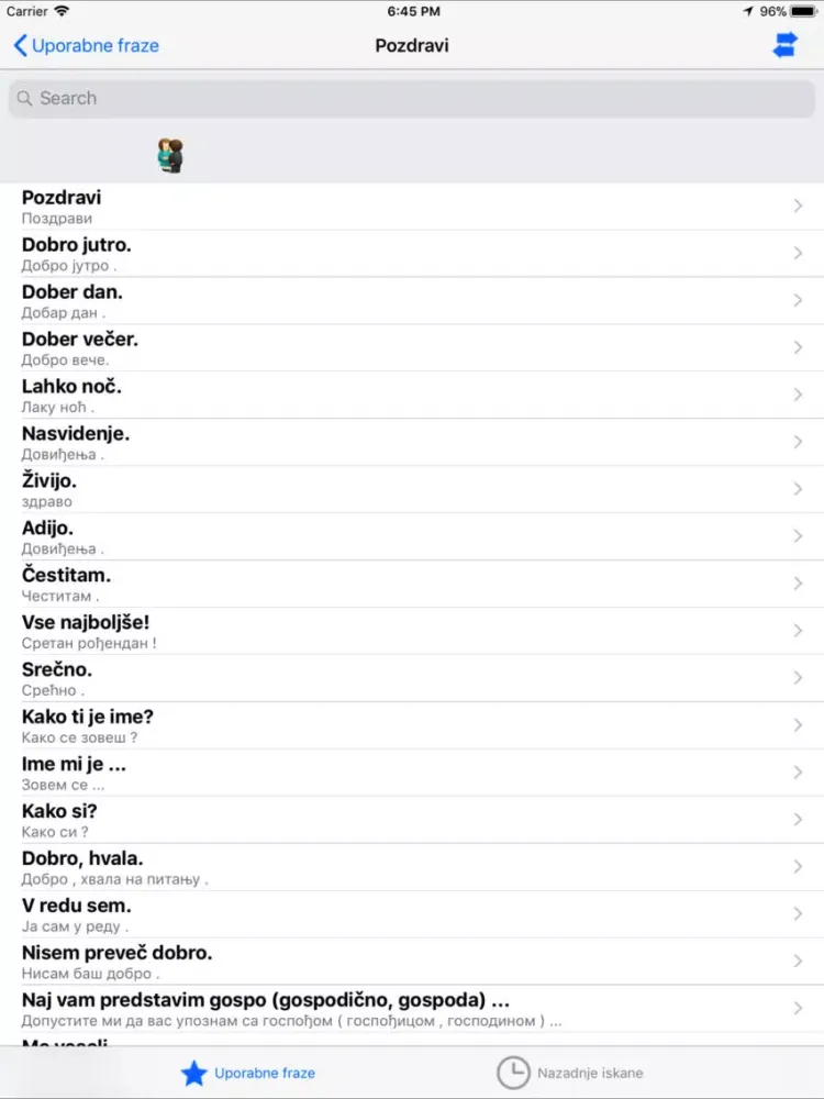 Tangkapan layar Korisne srbsko slovenske fraze iPad 