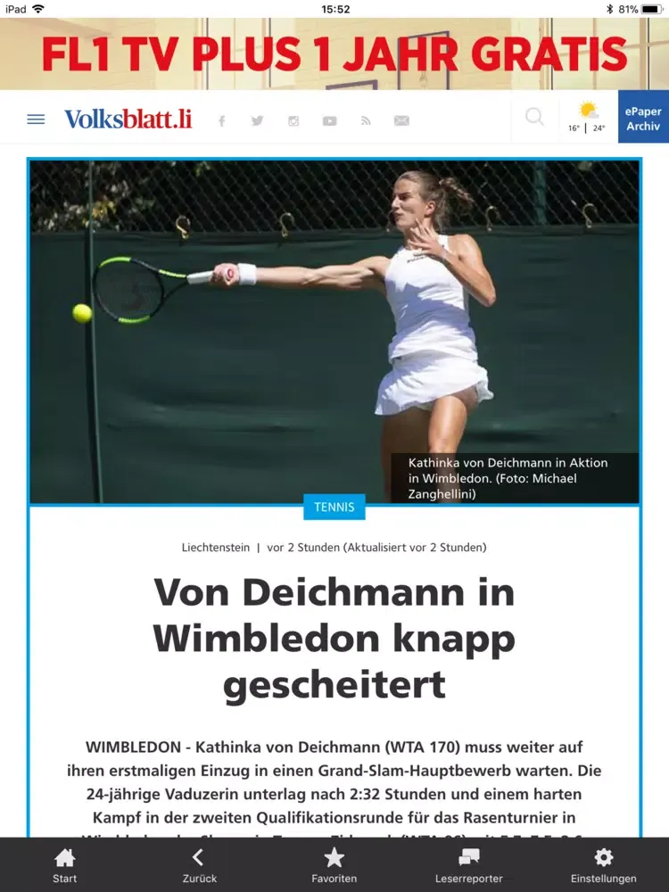 Tangkapan skrin Liechtensteiner Volksblatt iPad 