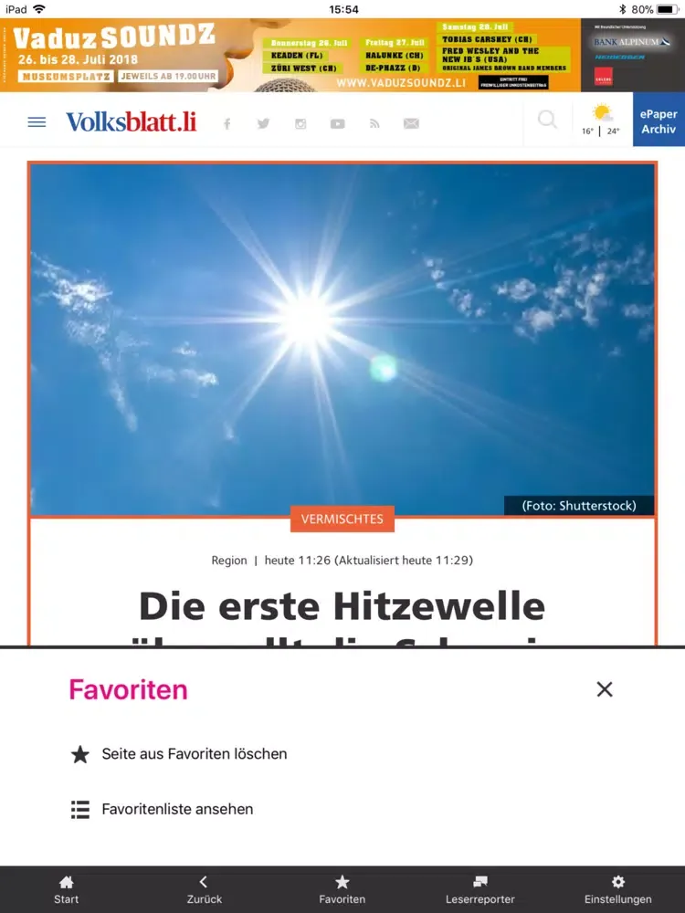 Tangkapan skrin Liechtensteiner Volksblatt iPad 