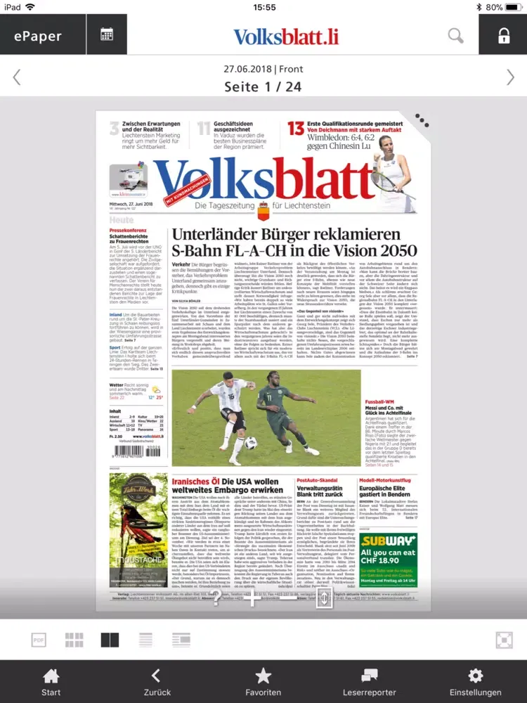Tangkapan skrin Liechtensteiner Volksblatt iPad 