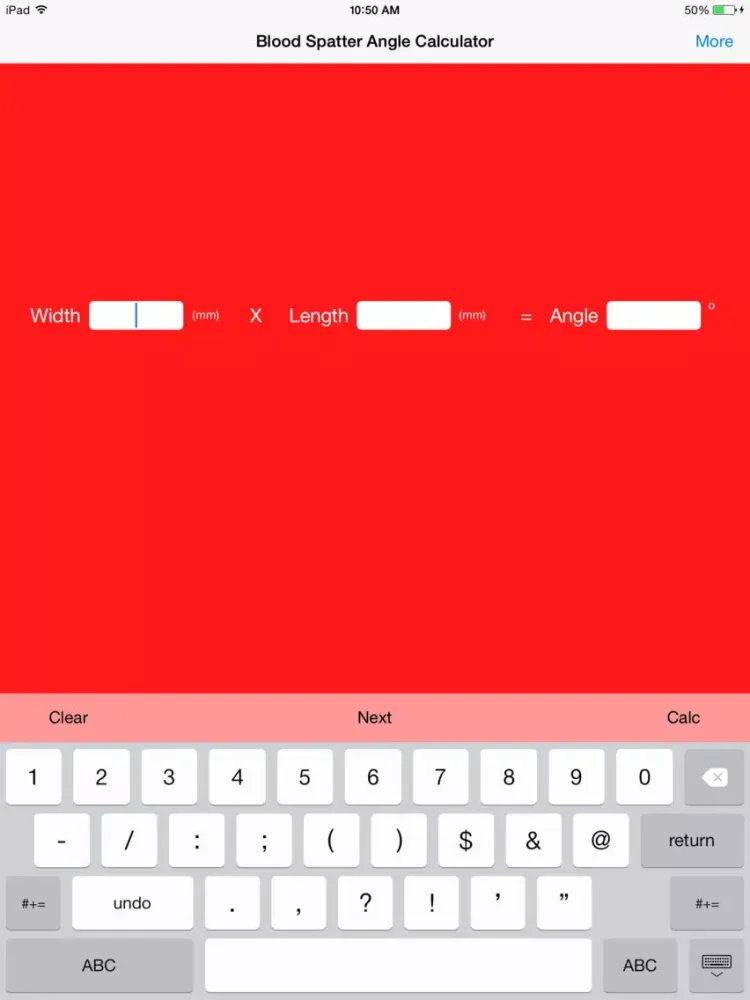 Ảnh chụp màn hình của Blood Spatter Angle Calculator iPad 