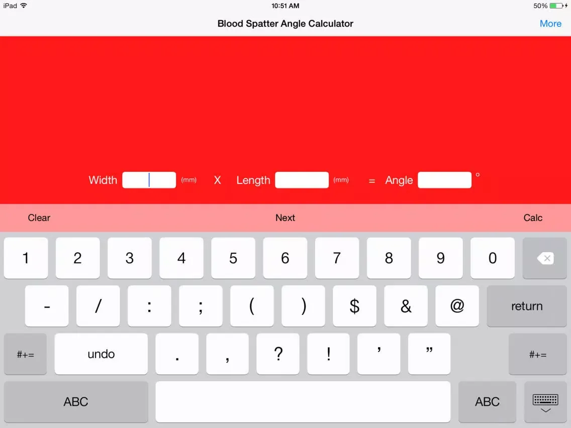 Ảnh chụp màn hình của Blood Spatter Angle Calculator iPad 
