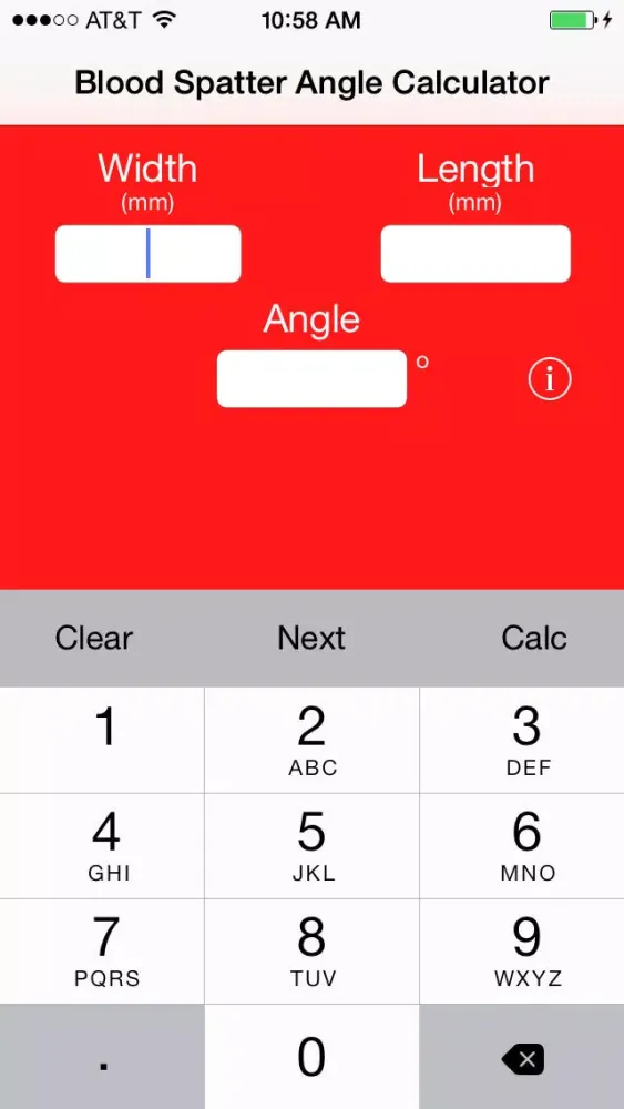 Ảnh chụp màn hình của Blood Spatter Angle Calculator