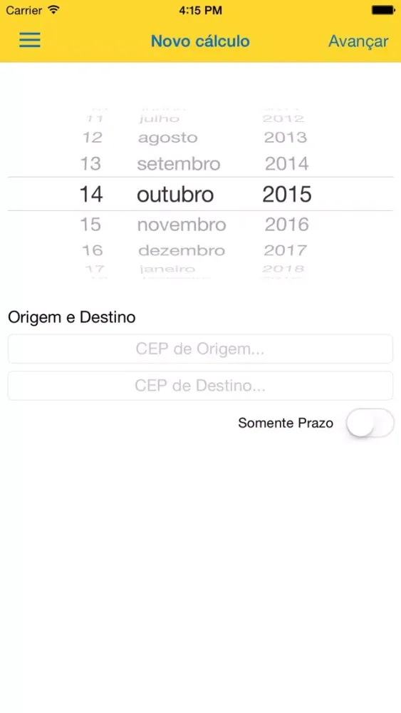 Capturas de tela do Preço e Prazo dos Correios