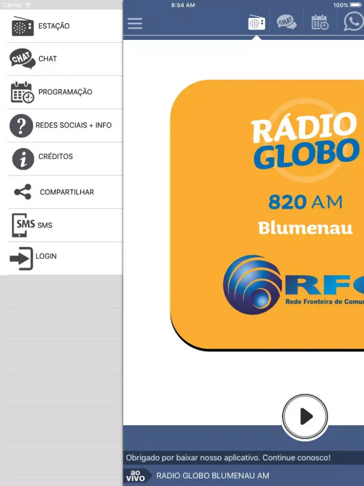 ภาพหน้าจอของ Rádio Globo Blumenau AM iPad 