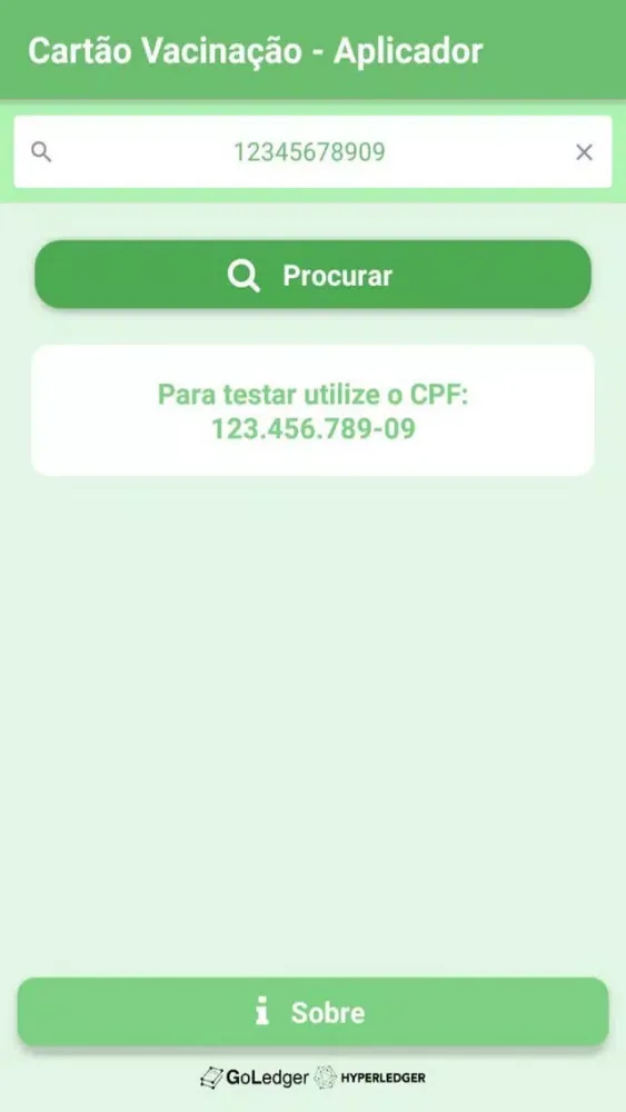Ảnh chụp màn hình của Aplicador Vacina Blockchain