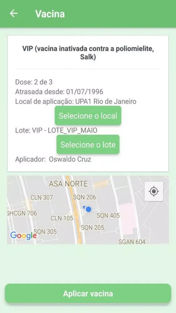 Ảnh chụp màn hình của Aplicador Vacina Blockchain