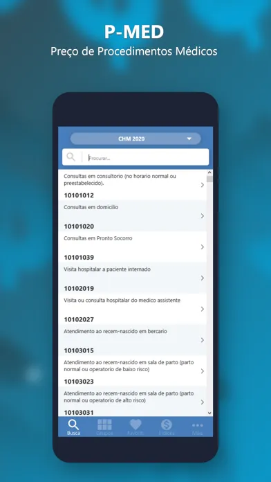 Capturas de tela do PMED - Preço Médico TUSS CBHPM
