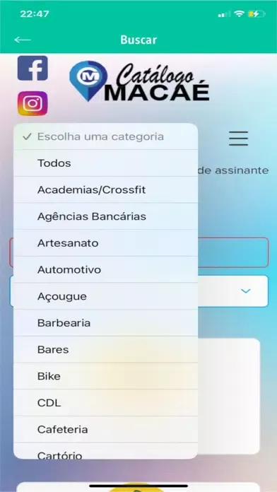 Capturas de tela do Catálogo Macaé