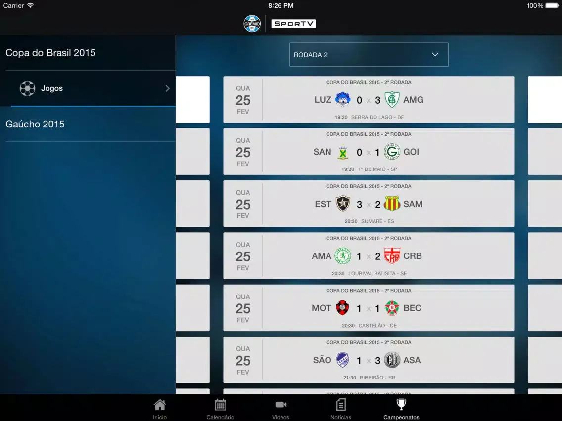 Tangkapan skrin Grêmio SporTV iPad 