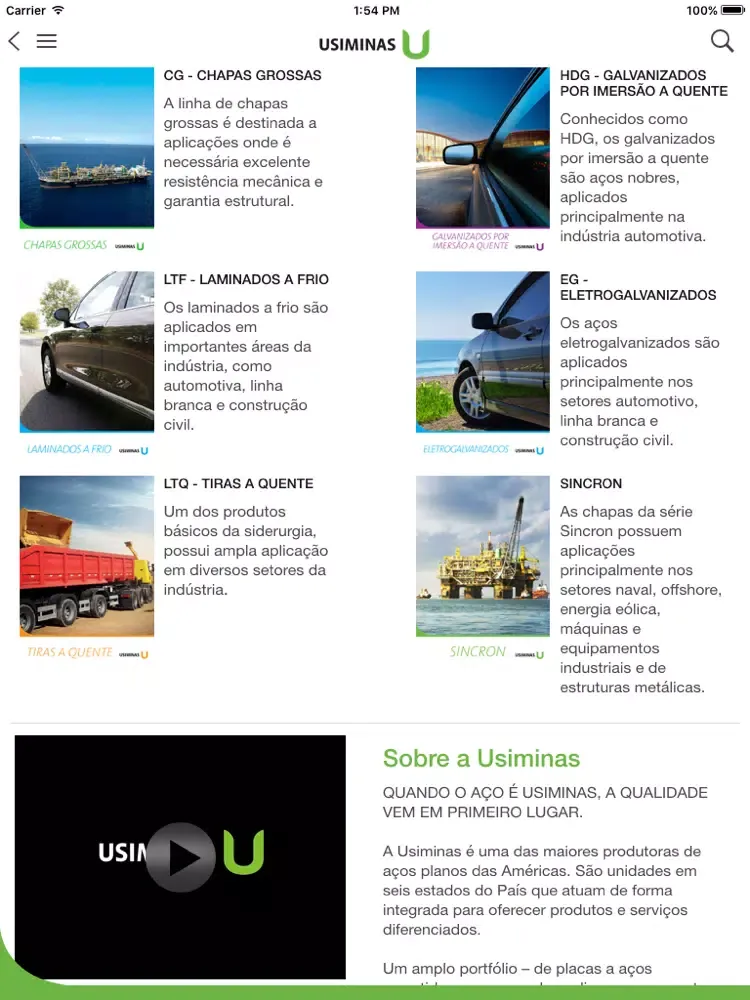Capturas de tela do Catálogos de Produtos Usiminas iPad 