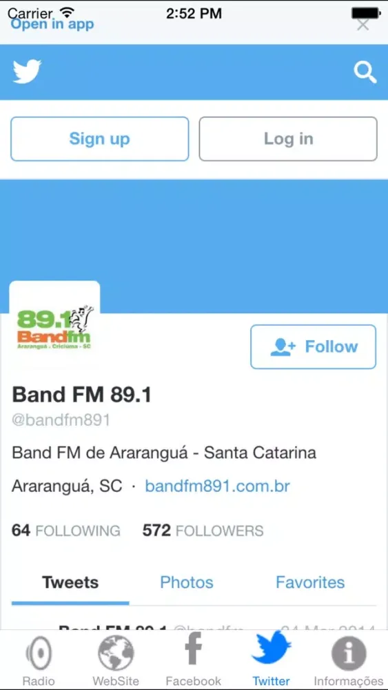 Capturas de tela do Band FM Criciúma 89,1 MHz