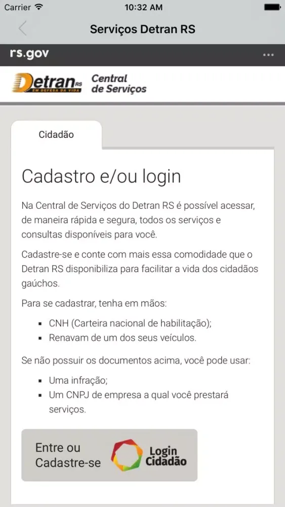 Tangkapan skrin Central de Serviços Detran RS