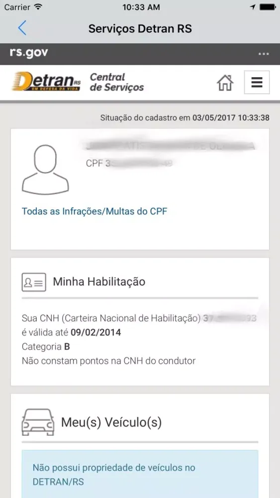 Tangkapan skrin Central de Serviços Detran RS