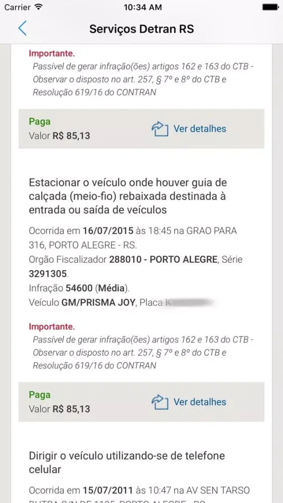 Tangkapan skrin Central de Serviços Detran RS