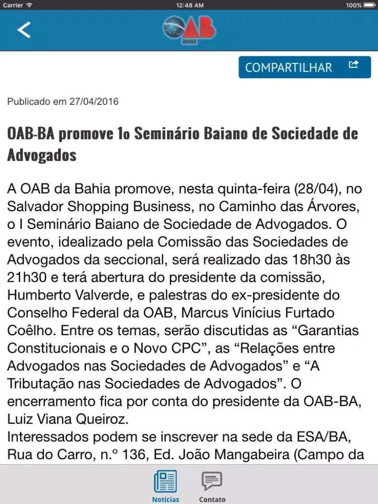 Notícias da OAB Bahia iPad 應用截圖