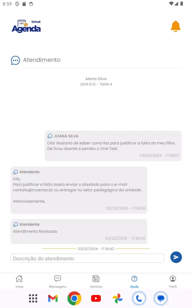 Tangkapan layar Agenda Senac RN