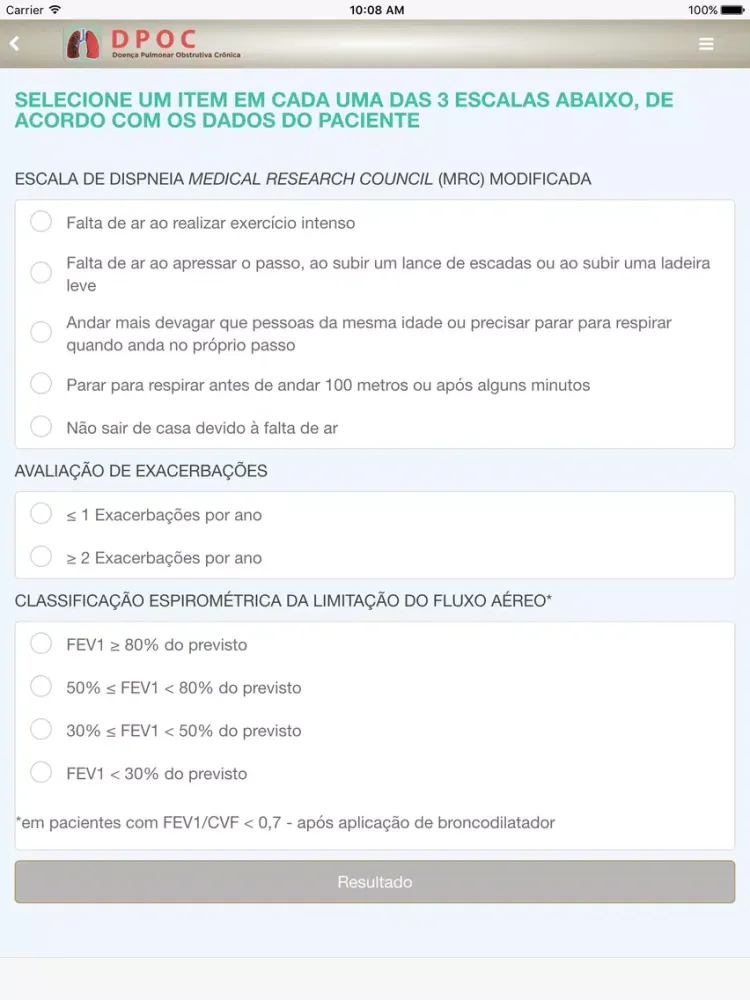 Capturas de tela do DPOC - Doença Pulmonar Obstrutiva Crônica - TelessaúdeRS iPad 