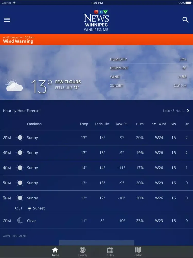 Tangkapan skrin CTV News Winnipeg Weather iPad 