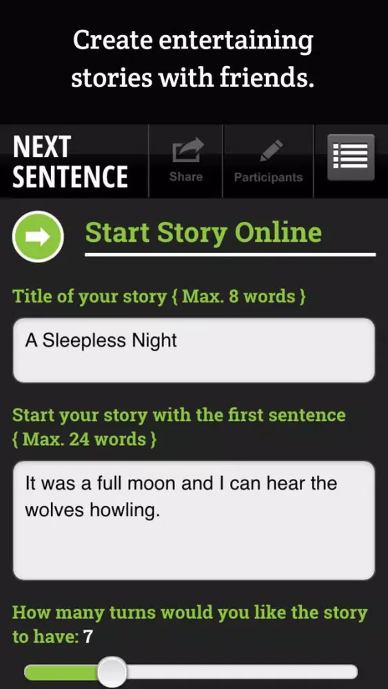 Capturas de tela do Next Sentence