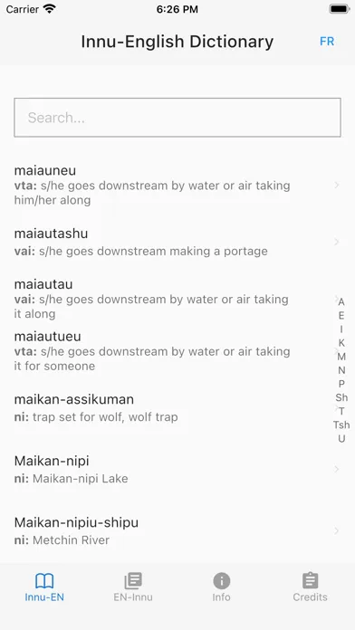 Tangkapan layar Innu Dictionary