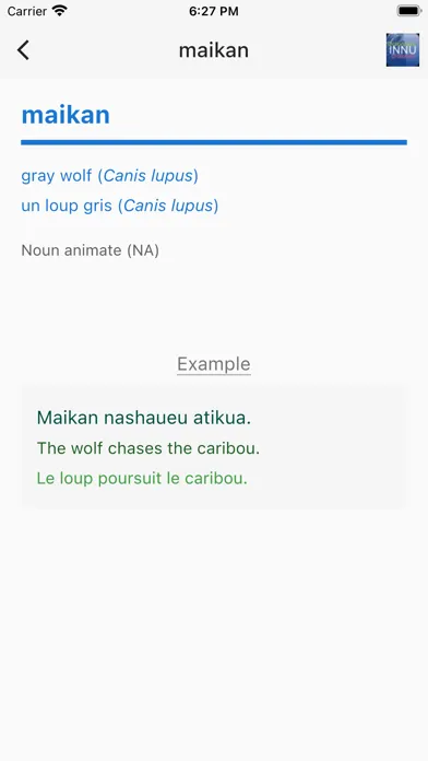 Tangkapan layar Innu Dictionary