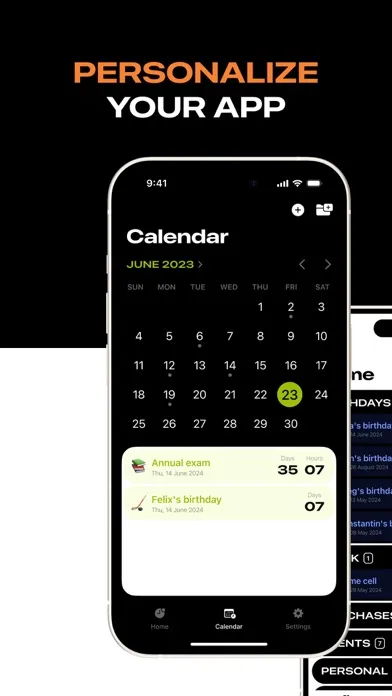 Tangkapan skrin Important events + Birthdays