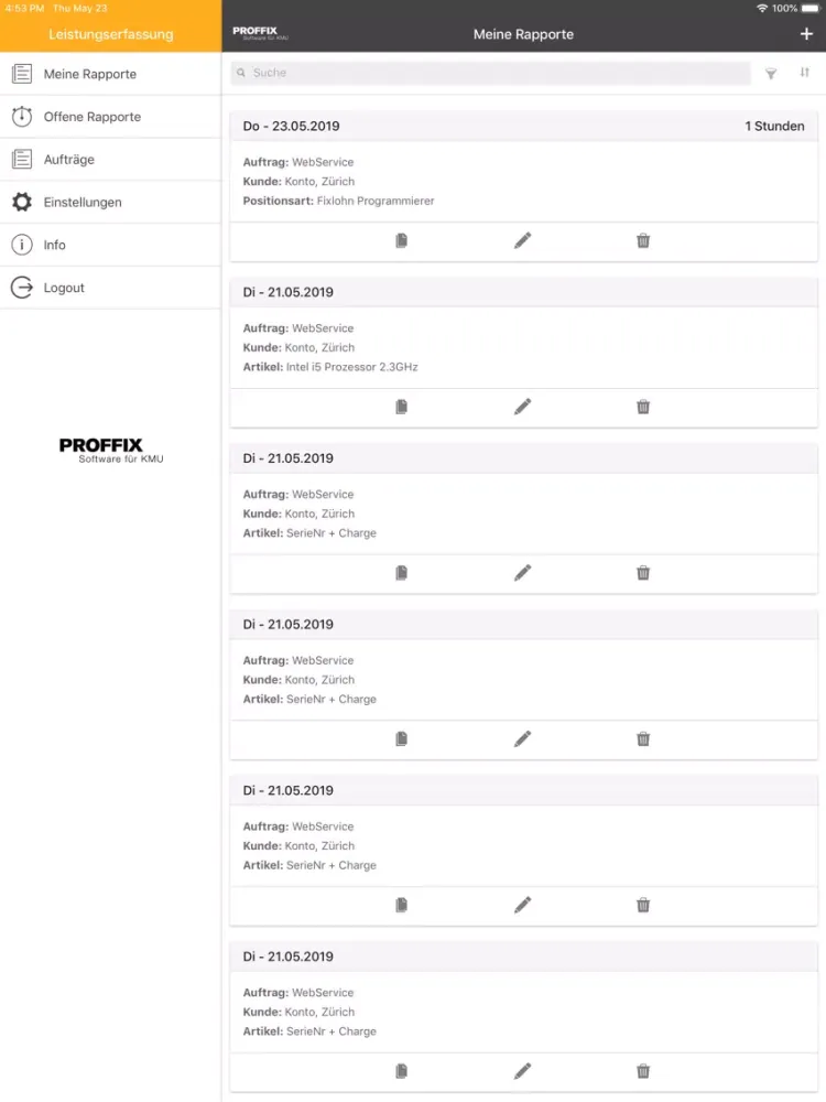 PROFFIX Leistungserfassung iPad  Screenshots