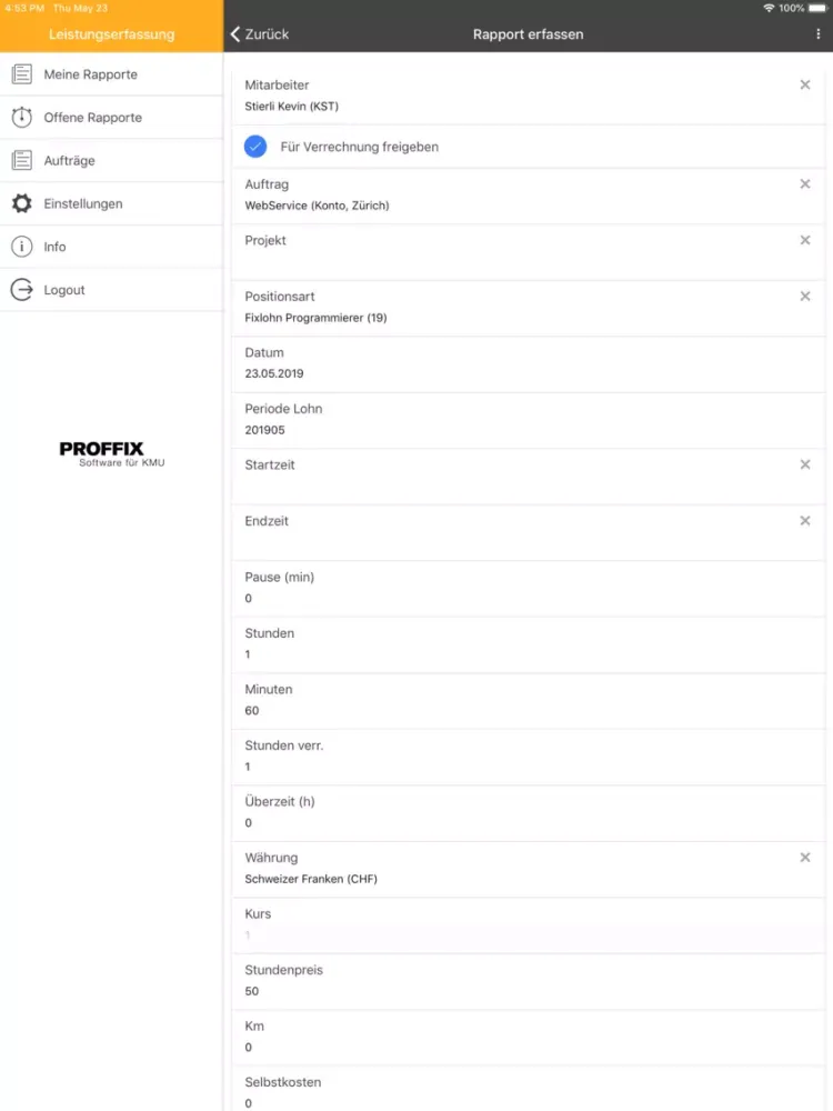PROFFIX Leistungserfassung iPad  Screenshots