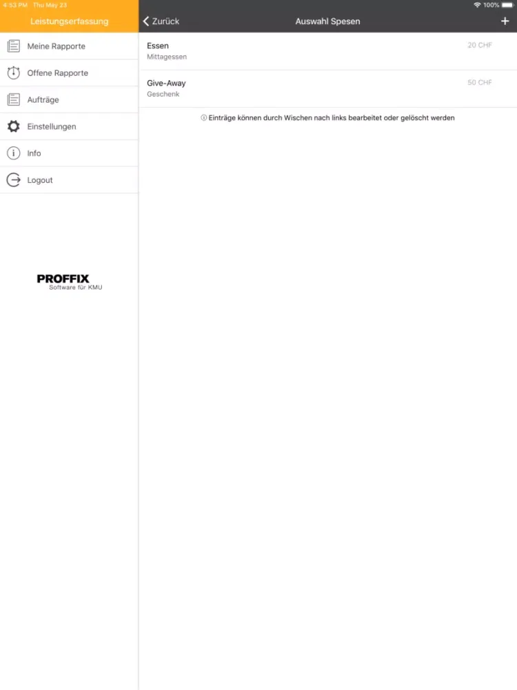 PROFFIX Leistungserfassung iPad  Screenshots