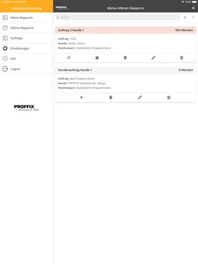 PROFFIX Leistungserfassung iPad  Screenshots