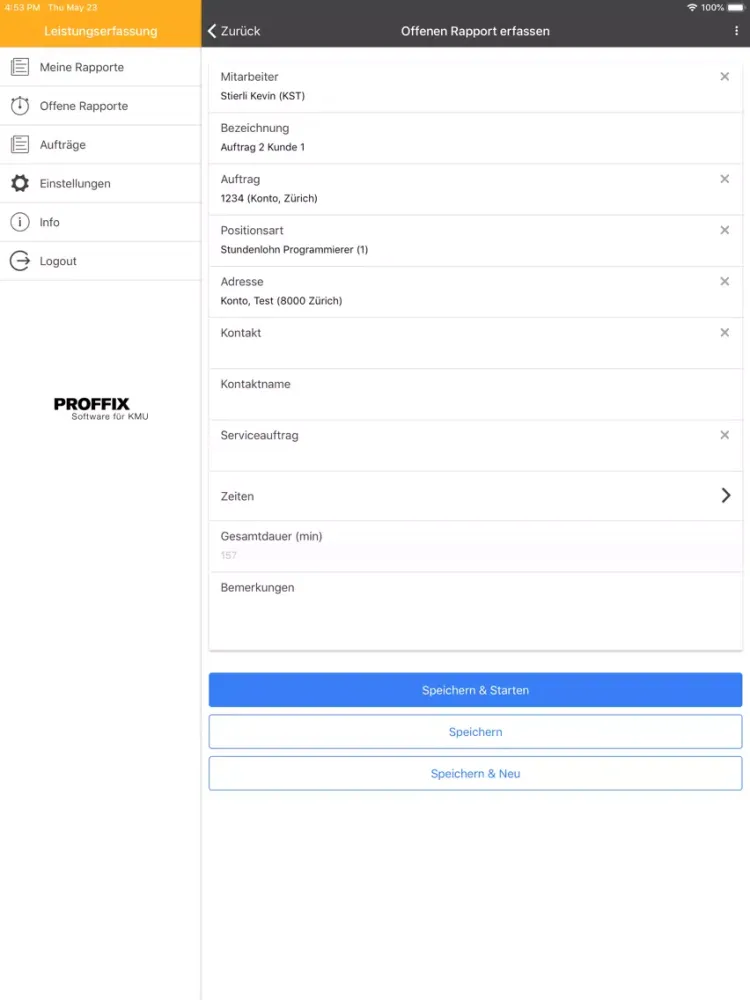 PROFFIX Leistungserfassung iPad  Screenshots