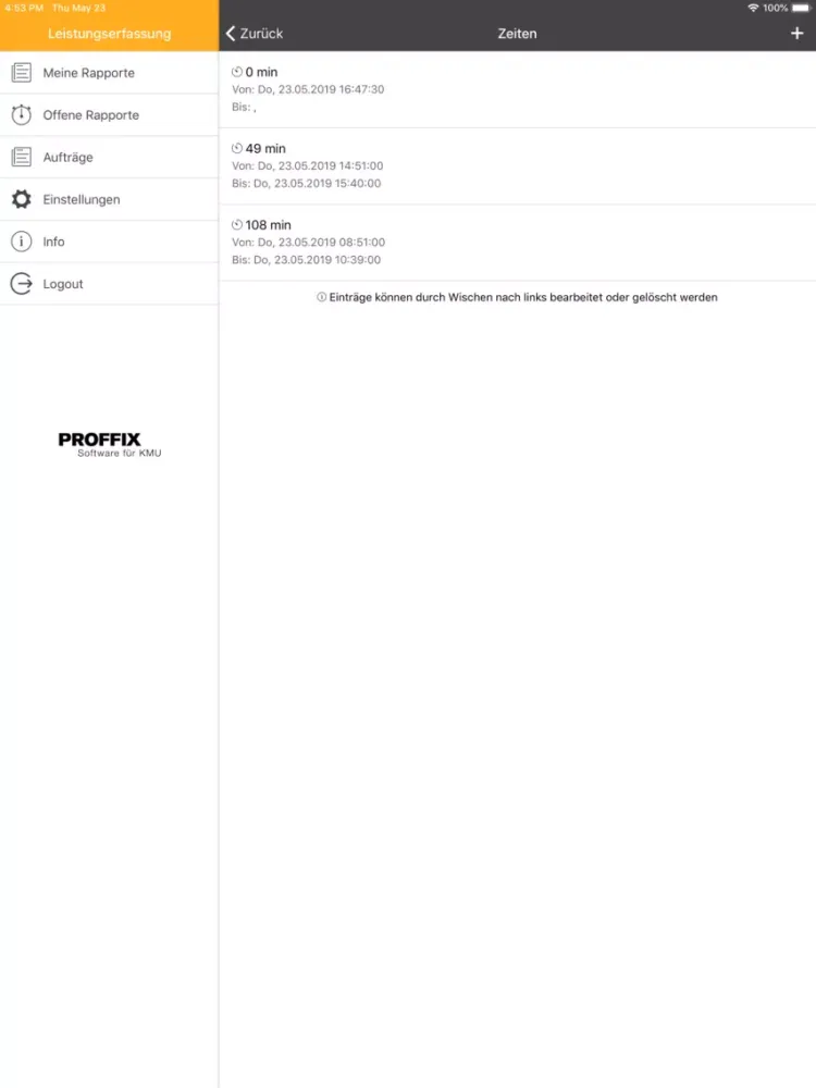PROFFIX Leistungserfassung iPad  Screenshots