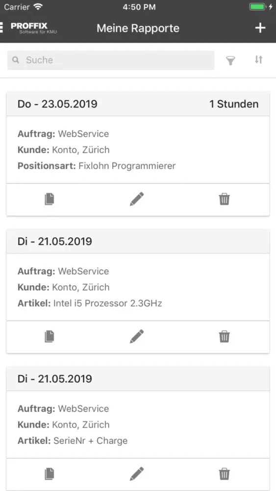 PROFFIX Leistungserfassung Screenshots