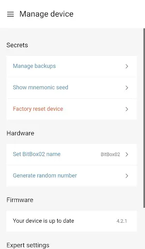 Ảnh chụp màn hình của BitBoxApp