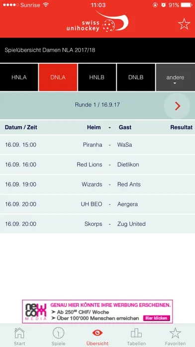 Ảnh chụp màn hình của Swiss Unihockey