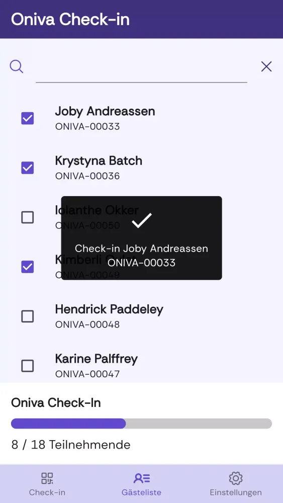 Oniva Check-in Screenshots