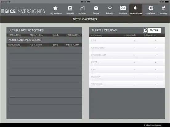 Tangkapan layar BICE Inversiones iPad 