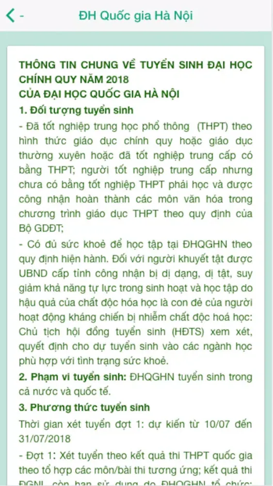 Tangkapan layar Thông tin tuyển sinh