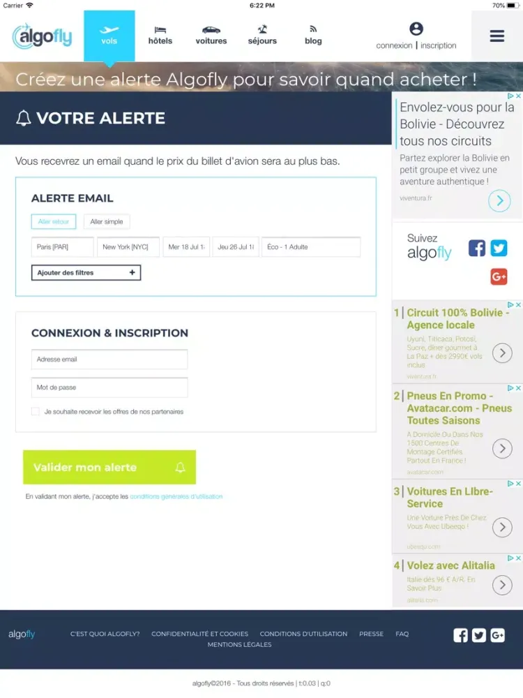 Tangkapan skrin Algofly : vols, hôtel, voiture iPad 