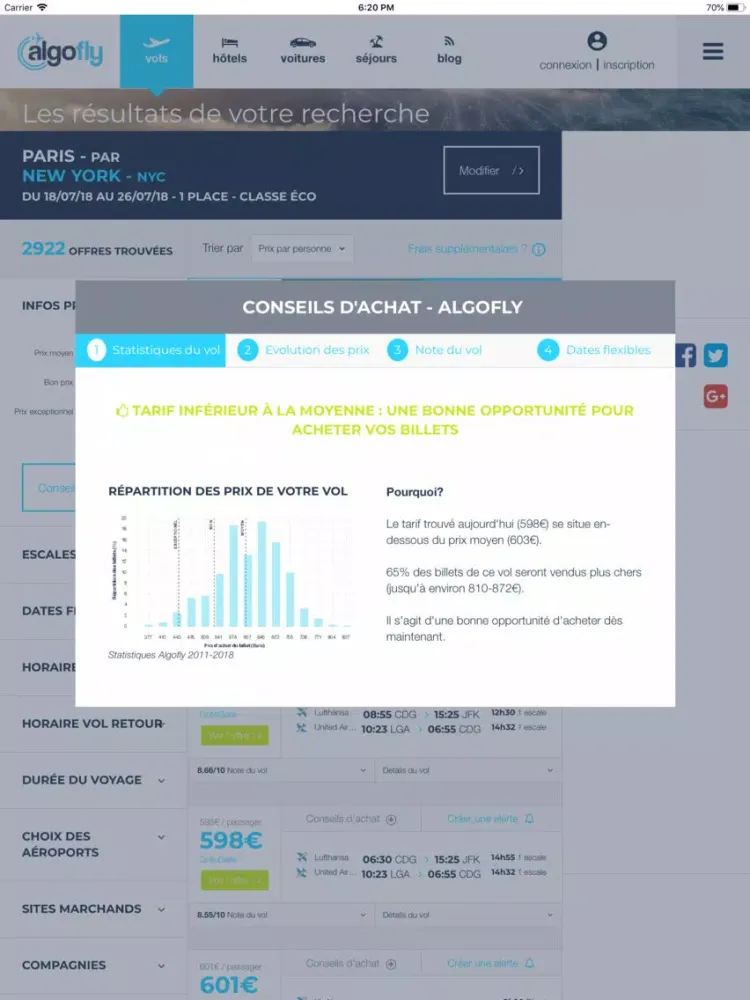 Tangkapan skrin Algofly : vols, hôtel, voiture iPad 