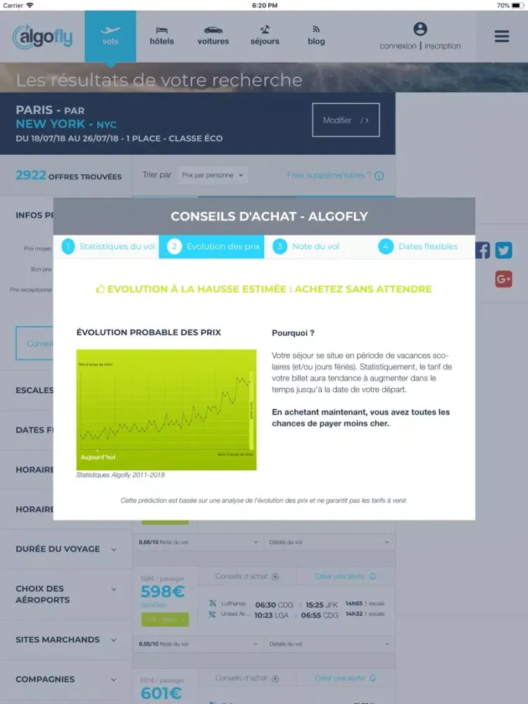 Tangkapan skrin Algofly : vols, hôtel, voiture iPad 