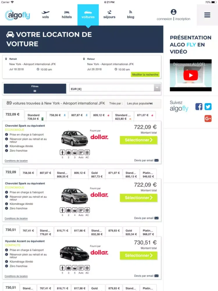 Tangkapan skrin Algofly : vols, hôtel, voiture iPad 