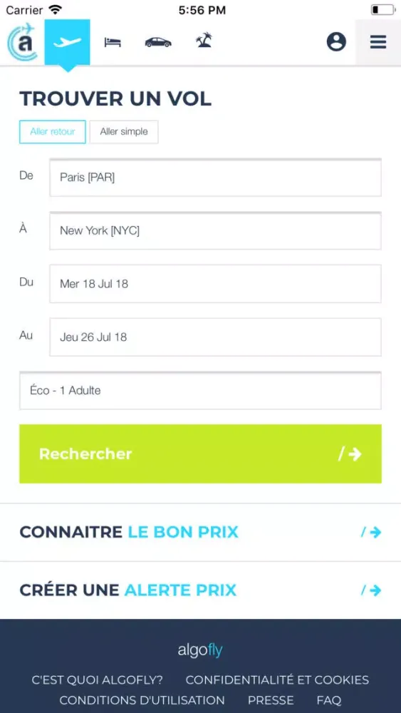 Tangkapan skrin Algofly : vols, hôtel, voiture