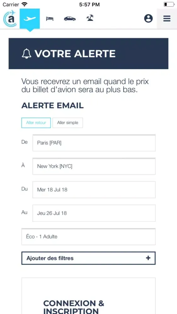 Tangkapan skrin Algofly : vols, hôtel, voiture