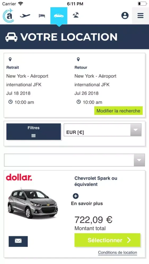 Tangkapan skrin Algofly : vols, hôtel, voiture