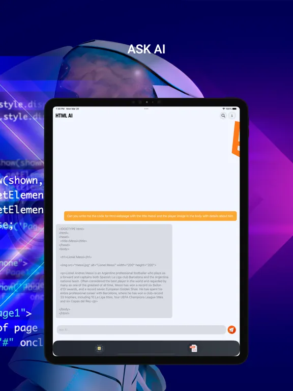 Tangkapan layar HTML AI iPad